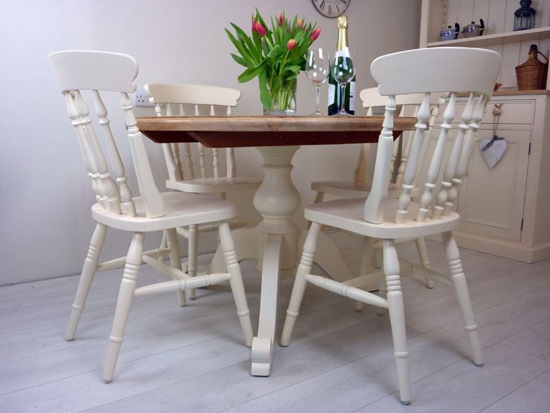 Pine Round Pedestal Table and 4 Farmhouse Chairs-Painted ...