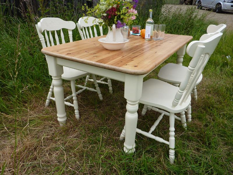 Antique Pine Farmhouse Table and 4 Chairs Painted Vintage Antique Farmhouse Furniture