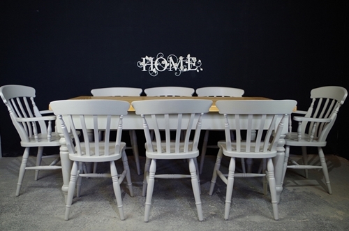 Picture of Lightly Distressed 6ft Pine Farmhouse Table + 8 Beech Slatback Chairs.