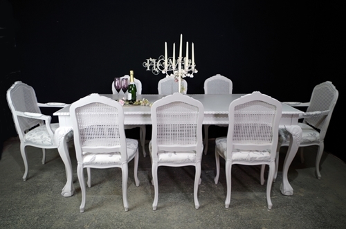 Picture of Large Vintage Carved Edge Dining Table + 8 Bergere Style Chairs