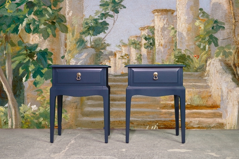 Pair Of Stag Bedside Tables Hague Blue Painted Vintage Antique